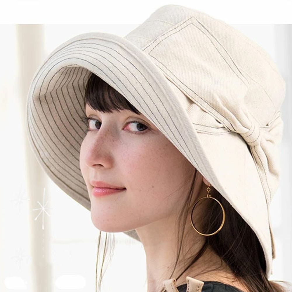日本 irodori - 抗UV撞色線條大帽簷遮陽帽-氣質米