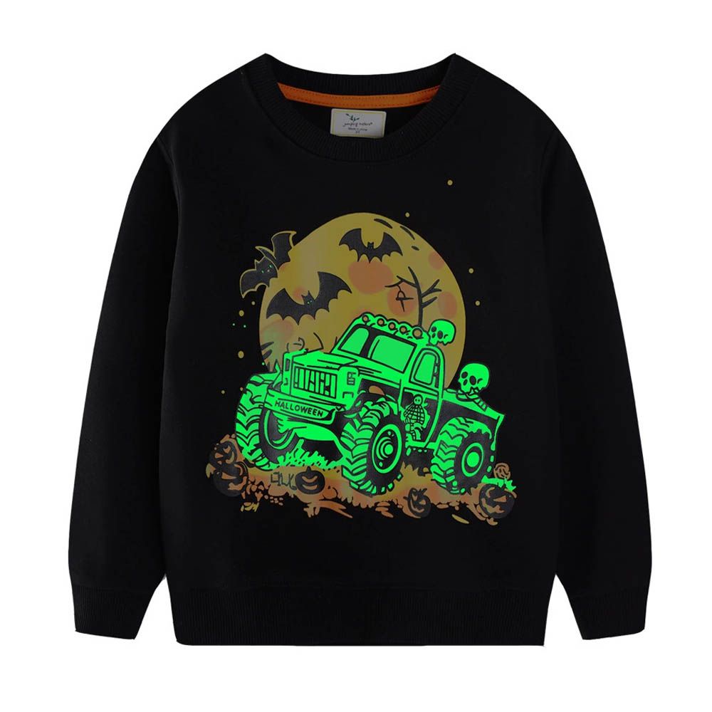 夜光圓領棉質長袖上衣/大學T-黑夜蝙蝠骷髏-黑色