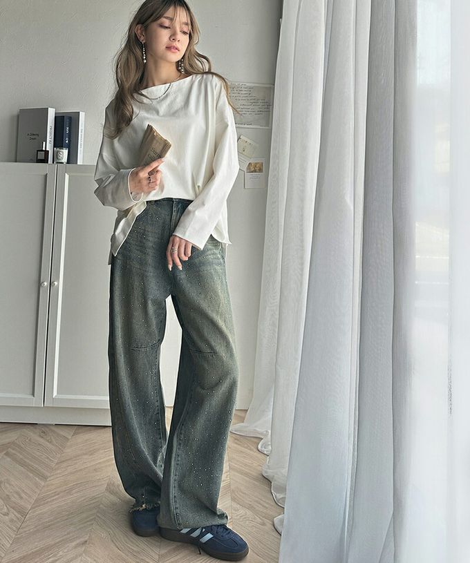 日本 Classical Elf - 一字領寬鬆落肩長袖T恤-炭灰