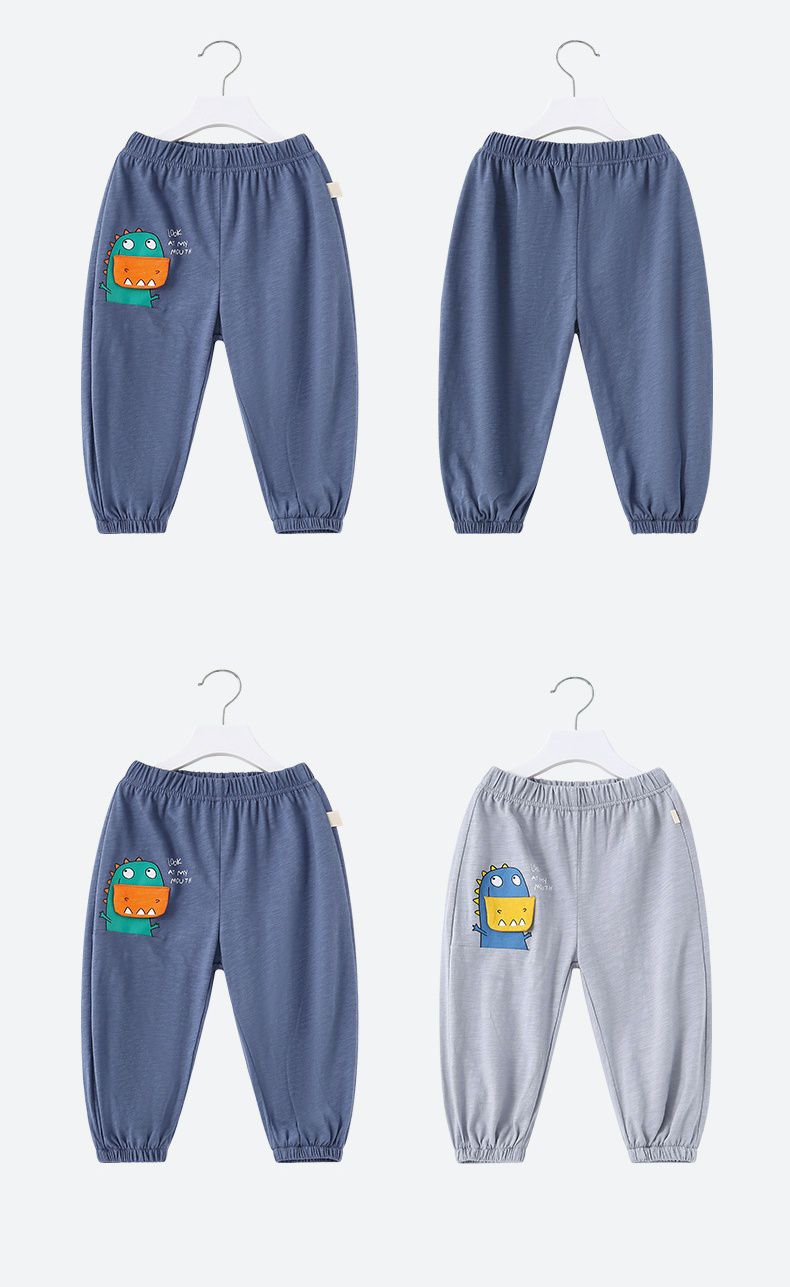 竹節棉束口長褲/防蚊褲-大嘴恐龍-灰色