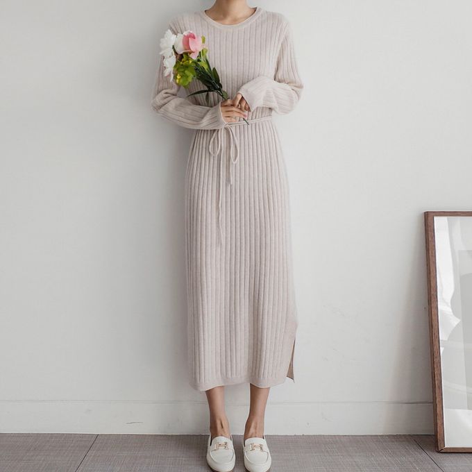 韓國女裝連線 - 喀什米爾羊毛針織連身洋裝-米杏 (FREE)