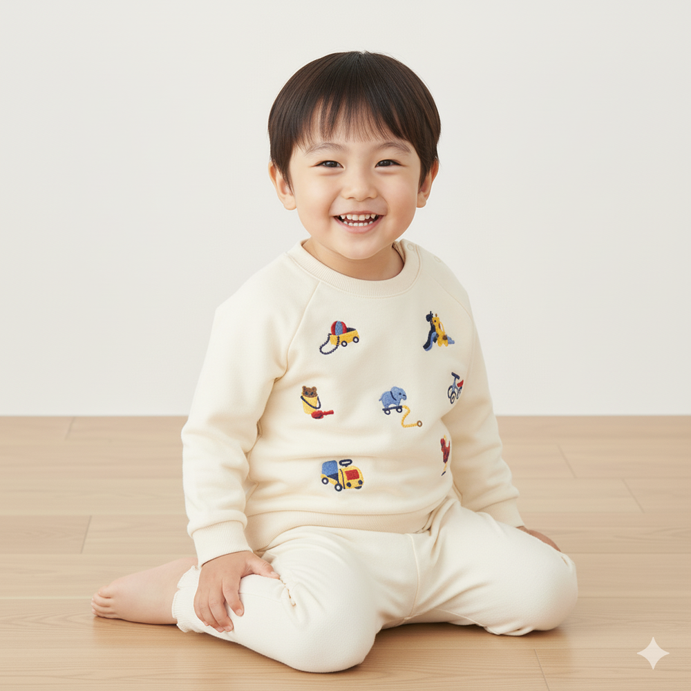 長袖假兩件休閒上衣-刺繡-象牙白色