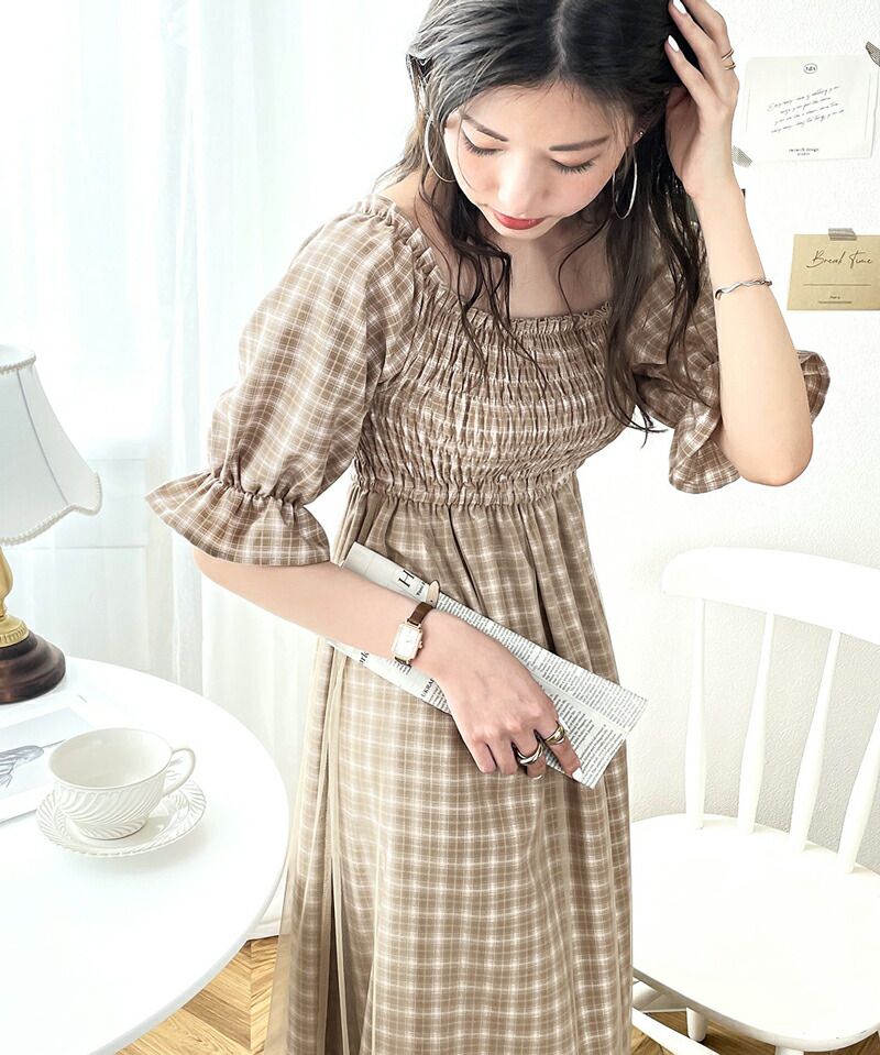 日本 Classical Elf - 歐風文藝泡泡袖紗拼接洋裝-格紋-草綠