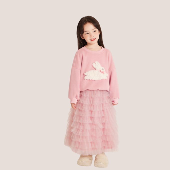 甜美毛毛小兔衛衣配軟網紗蛋糕長裙 女童保暖澎澎長裙套裝