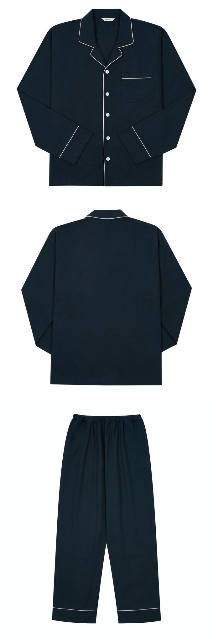 韓國 ULLALA - (情侶款)質感純色長袖睡衣套裝-男款-深藍 (FREE)