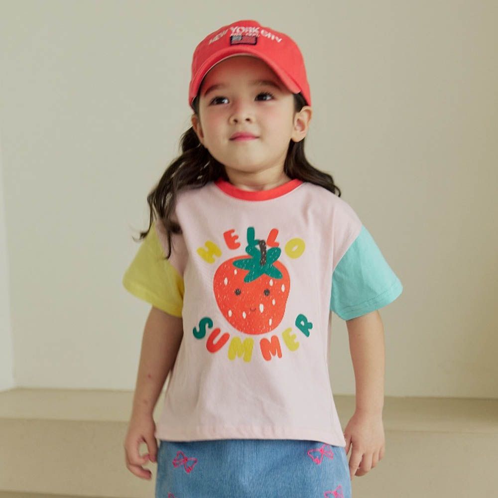 哈囉草莓季拼色短袖上衣-黃X淡粉X水藍