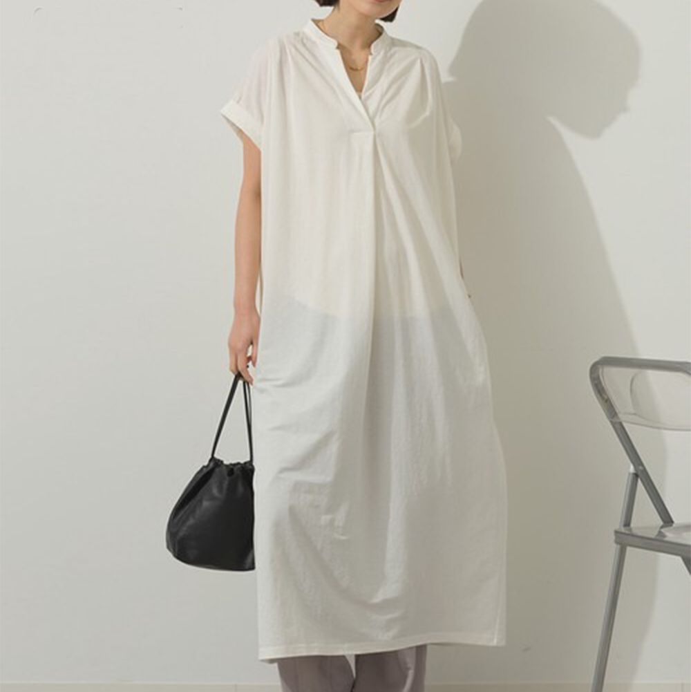 接觸涼感 V領打褶俐落短袖洋裝-白