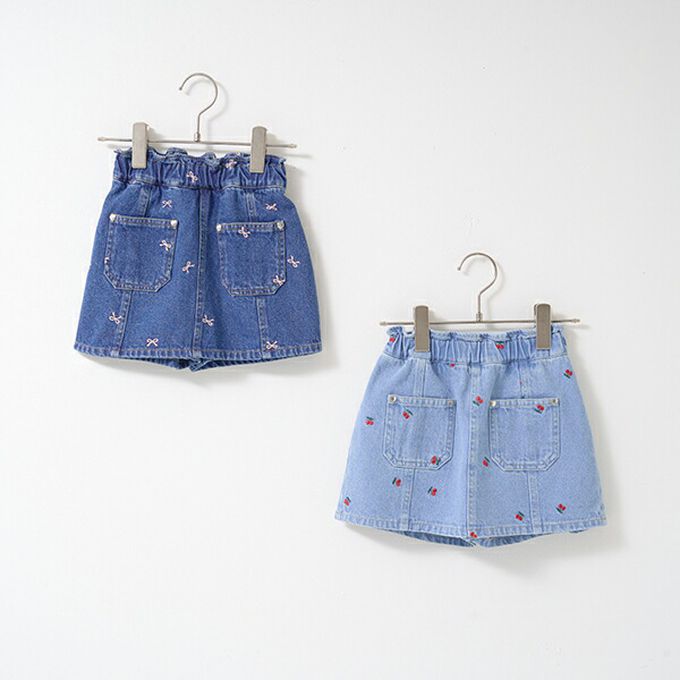 日本 Lycee mine - 甜美刺繡純棉丹寧風褲裙-蝴蝶結-中青