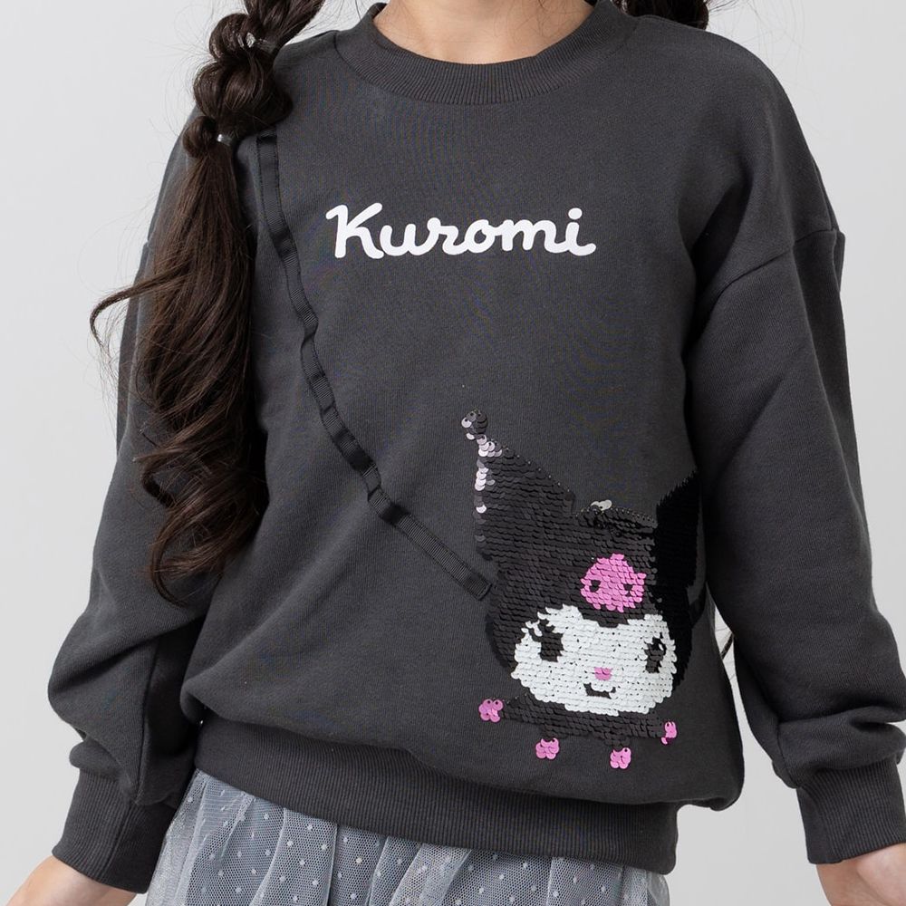 限量聯名 裏毛印花大學長袖上衣-卡通三麗鷗-亮片酷洛米-黑