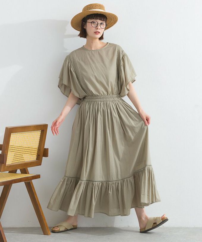 日本 Lupilien - 100%印度棉 飄逸緹花下擺鬆緊長裙-卡其棕