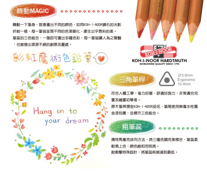 光之山Koh-i-noor - 12+1三角彩虹魔術色鉛筆-12色+1支推筆