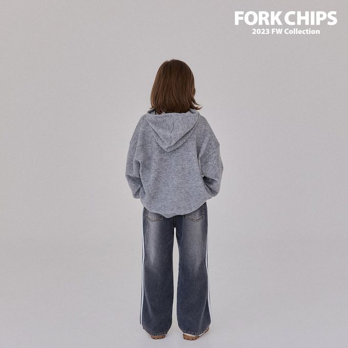 韓國 FORK CHIPS - (內磨毛)鬆緊腰雙線條點綴牛仔長褲-黑灰
