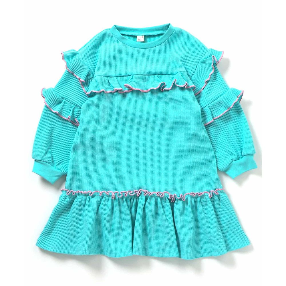 甜美荷葉分層華夫格長袖洋裝-藍綠