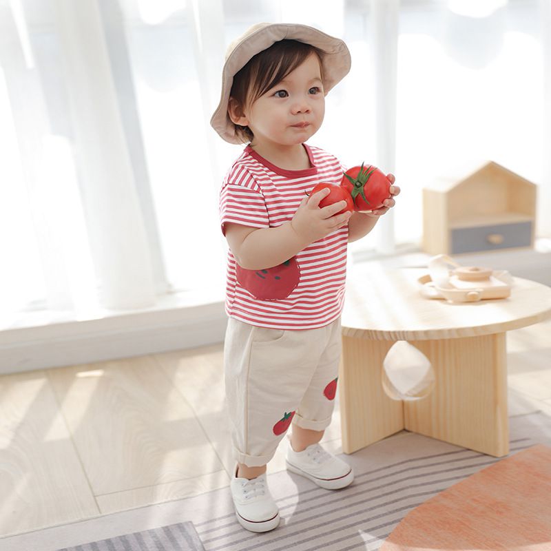 條紋短袖上衣-微笑番茄-紅+白