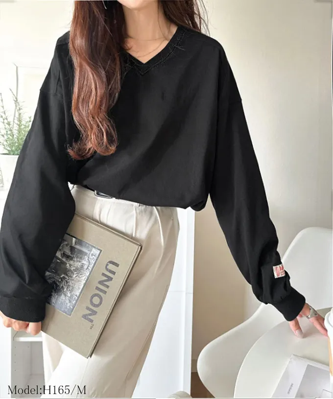 日本 Classical Elf - Java 簡約顯瘦V領長袖上衣-炭灰