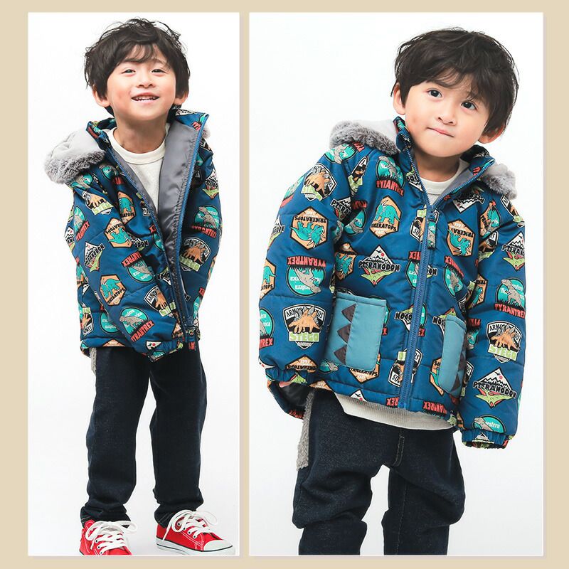 日本 ZOOLAND - 防寒防潑水鋪棉保暖外套-恐龍徽章-海軍藍