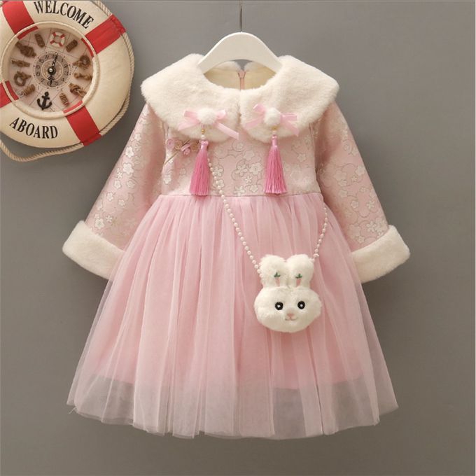 love, charlotte - 喜氣洋洋毛毛圓領加厚加絨拜年洋裝-配斜背小兔子裝飾娃娃-粉紅色