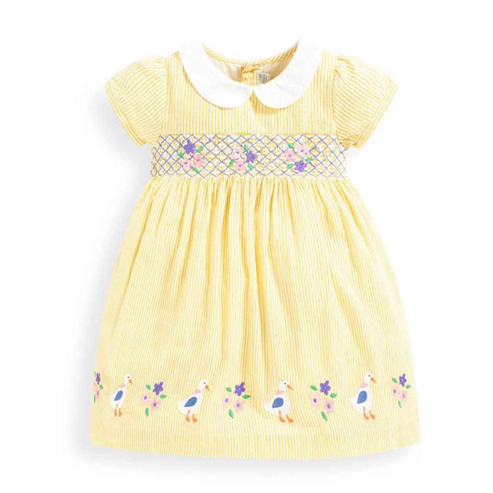 英國 JoJo Maman BeBe - 嬰幼兒/兒童100% 純棉短袖洋裝-黃底花園