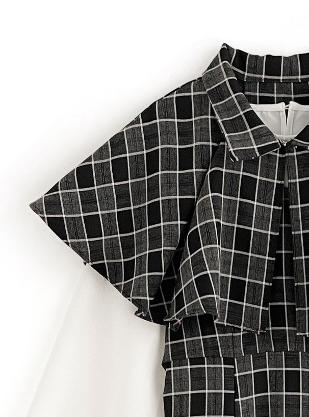 日本 GRL - 斗篷領格紋拼接兩件式洋裝-黑