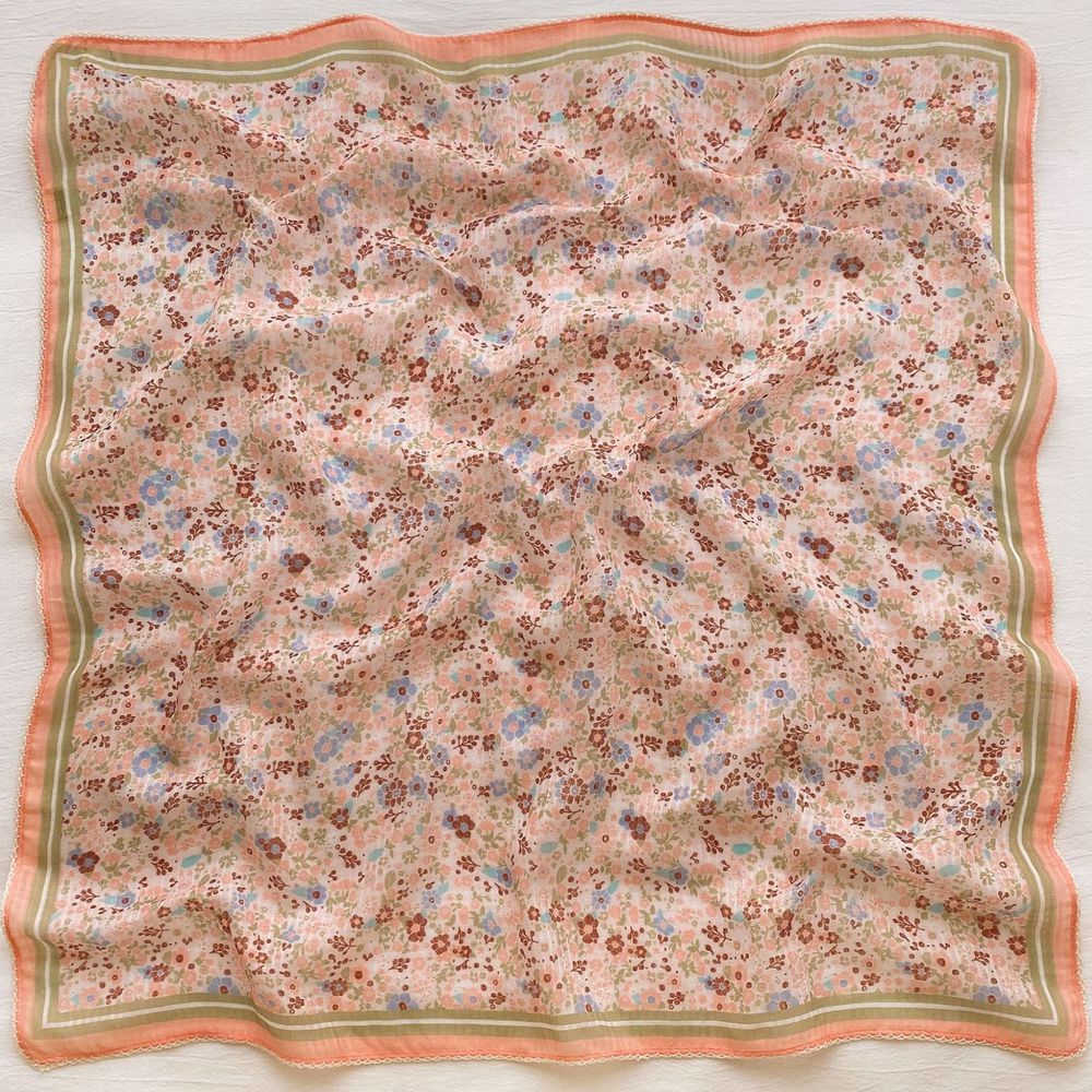 法式棉麻披肩方巾-拼色碎花-橘色 (90x90cm)