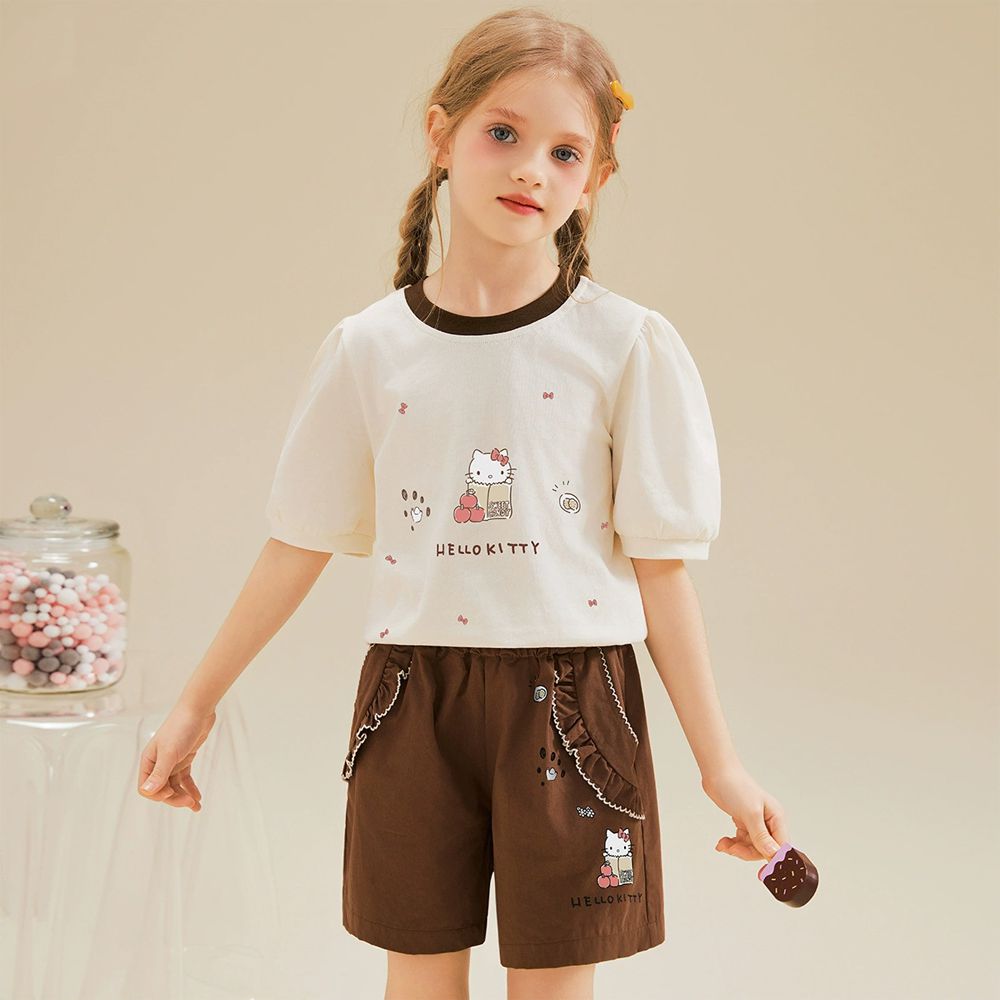 甜美花苞短袖上衣+短褲套裝-卡通人物Hello Kitty-咖色