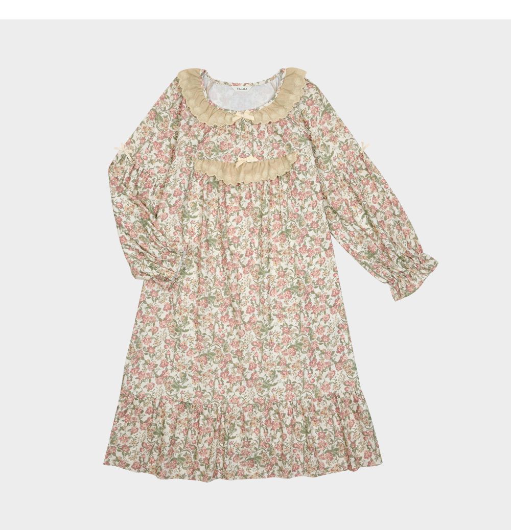 韓國 ULLALA - 絕美公主純棉長袖睡衣-(洋裝式)-奶油色 (FREE)