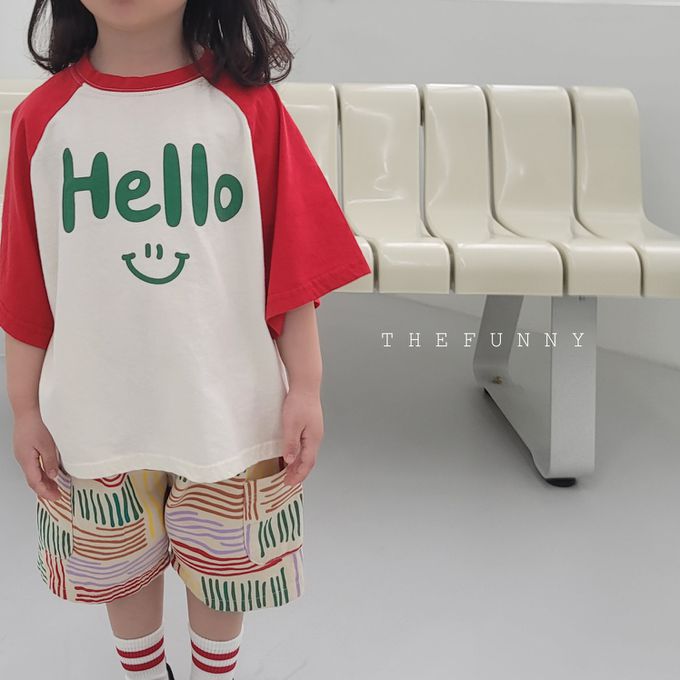 韓國 The Funny - Hello微笑印短袖上衣-米白X紅