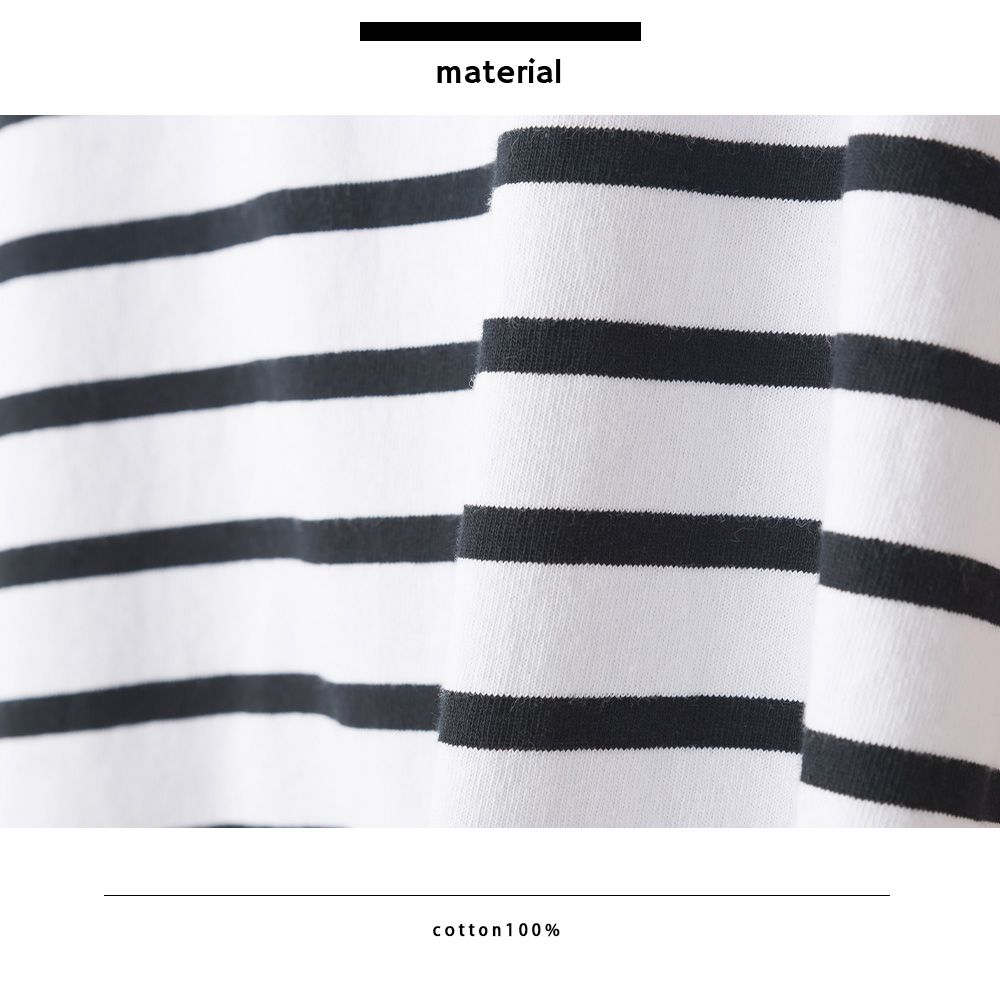 日本 OMNES - 100%棉 圓領條紋五分袖上衣-白x黑