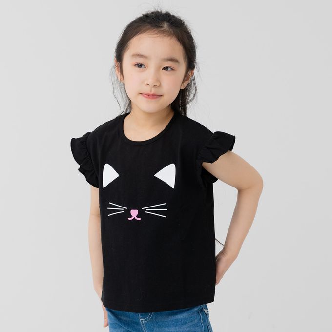 日本 Chil2 - 100%棉 荷葉邊女孩印花短袖上衣-巴黎鐵塔-紫