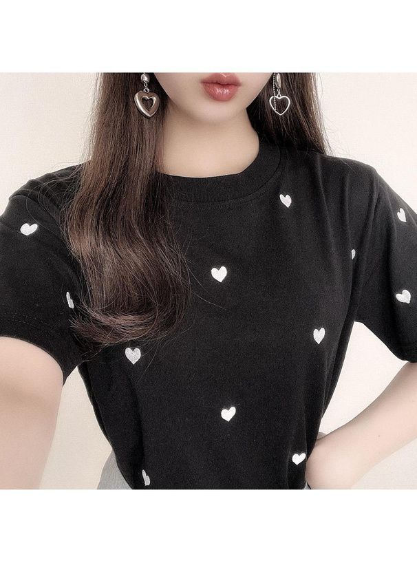 日本 GRL - 酷甜愛心刺繡短袖上衣-白 (F)