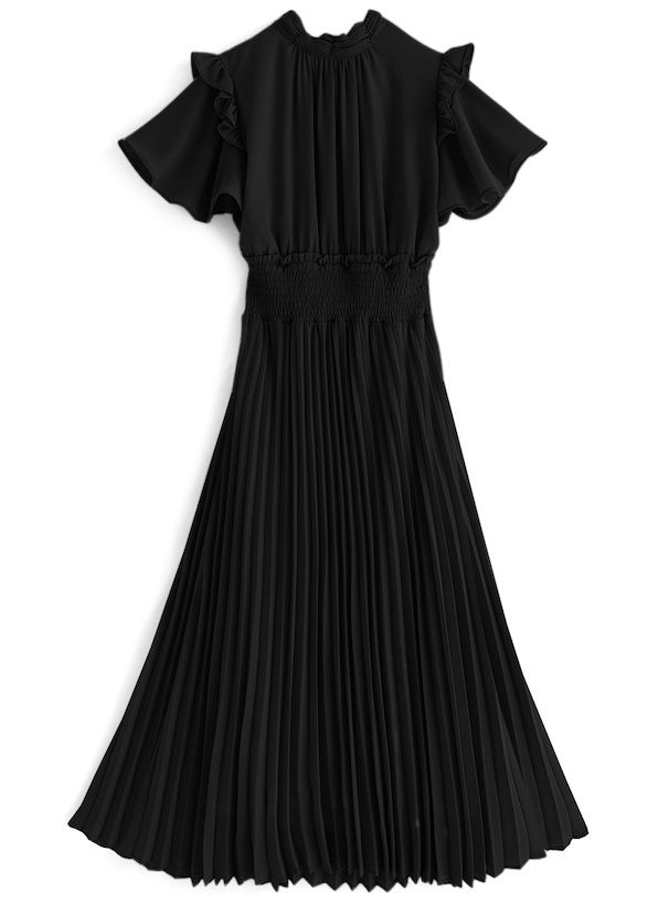 日本 GRL - 甜美時光收腰百摺短袖洋裝-黑