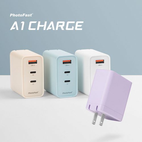 A1 Charge 65W GaN 氮化鎵三孔充電器 + 雙USB-C充電線-紫色充電組
