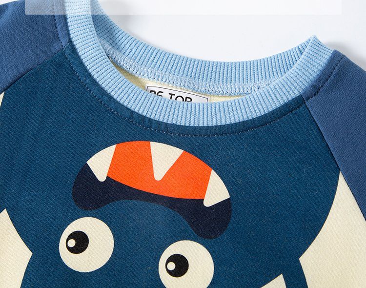 純棉圓領立體長袖上衣/大學T-調皮妖怪-軍綠色