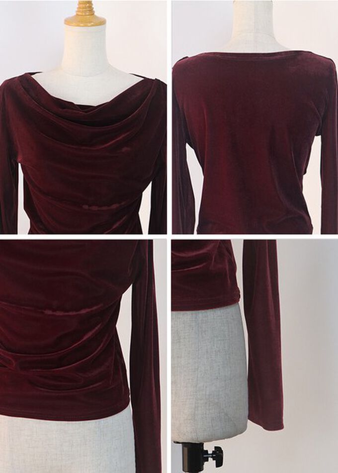 日本 BLUE EAST - 優雅絲絨垂墜感皺摺長袖上衣-酒紅 (M)
