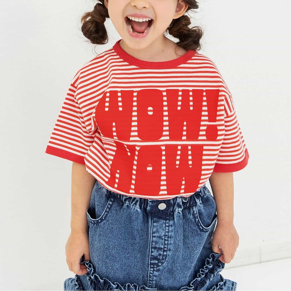 學院風英文logo短袖上衣-條紋x紅