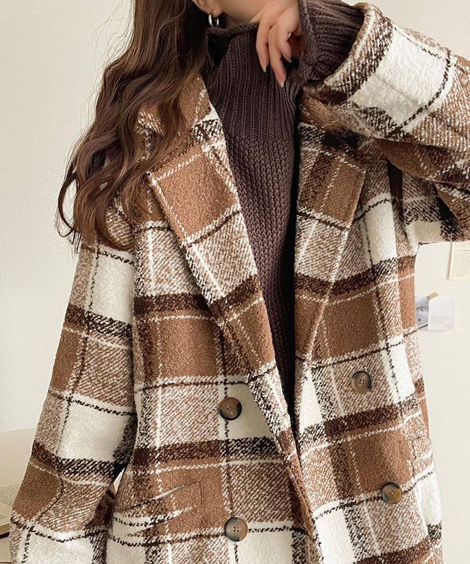 日本 Classical Elf - 亮麗格紋翻領廓形中長版大衣-焦糖棕