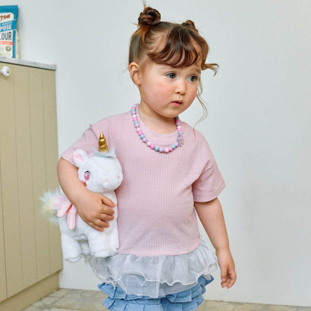 蕾絲襬拼接短袖上衣-粉