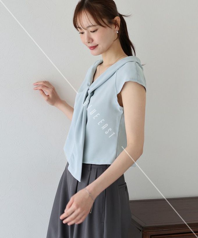 日本 BLUE EAST - 簡潔美型領巾法式袖上衣-黑 (M)