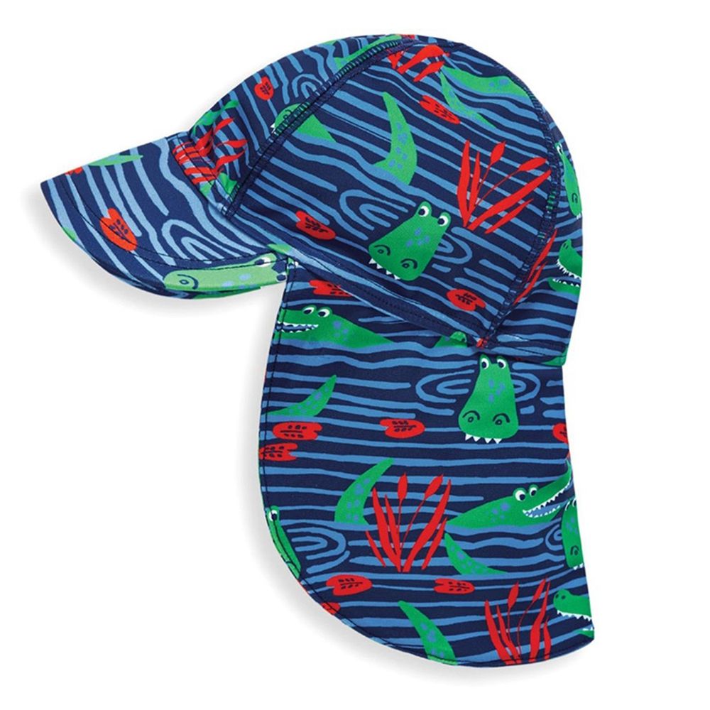英國 JoJo Maman BeBe - 嬰幼兒/兒童泳裝戲水UPF50+防曬護頸遮陽帽-開心鱷魚