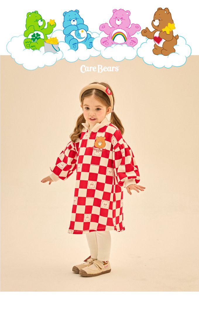 韓國 Care Bears - 聯名款方塊格印內刷毛連身洋裝-紅X白