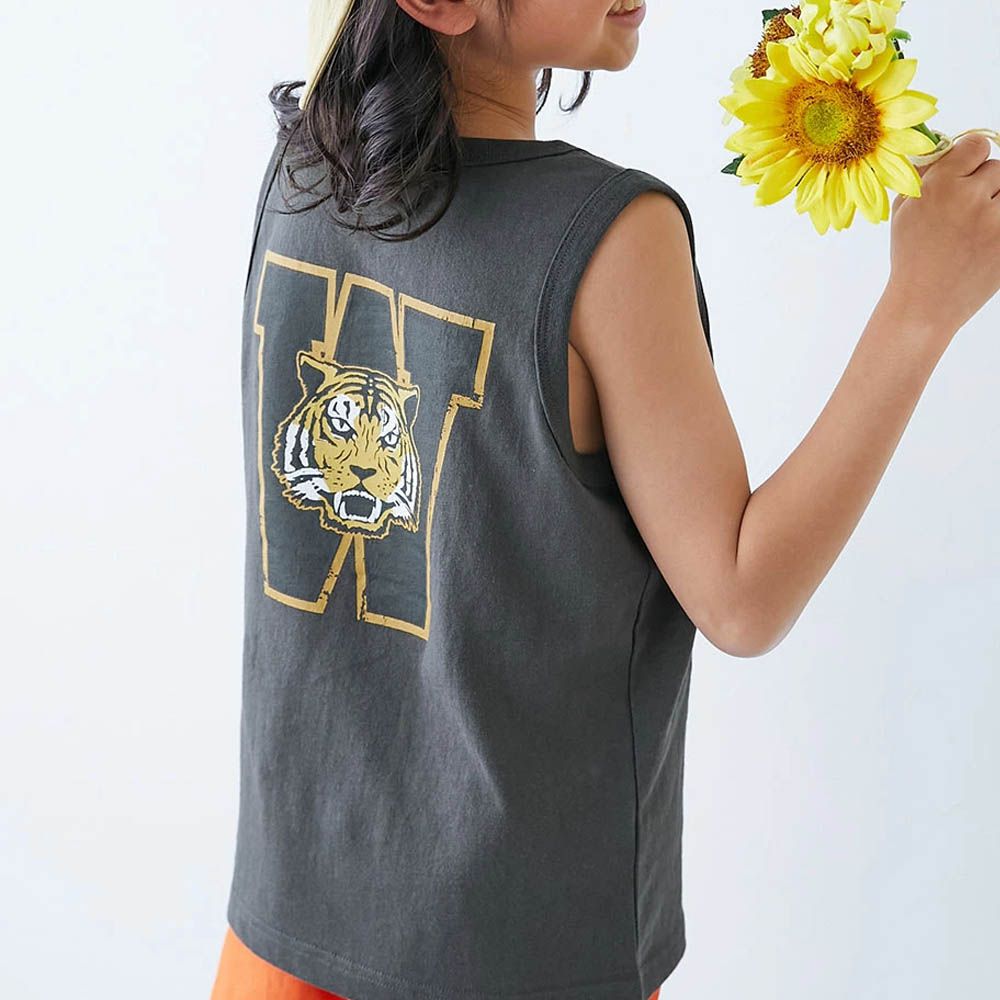 100%棉 定番印花無袖上衣-背後老虎-灰黑