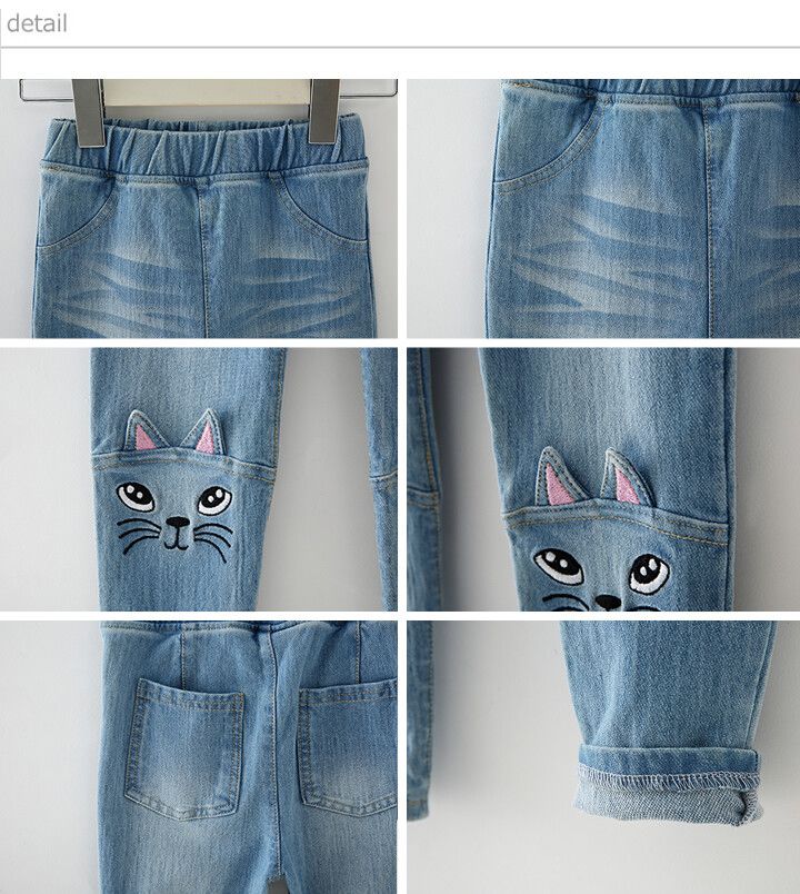 日本 Maison de Ravi - 貓咪刺繡牛仔長褲-淺藍