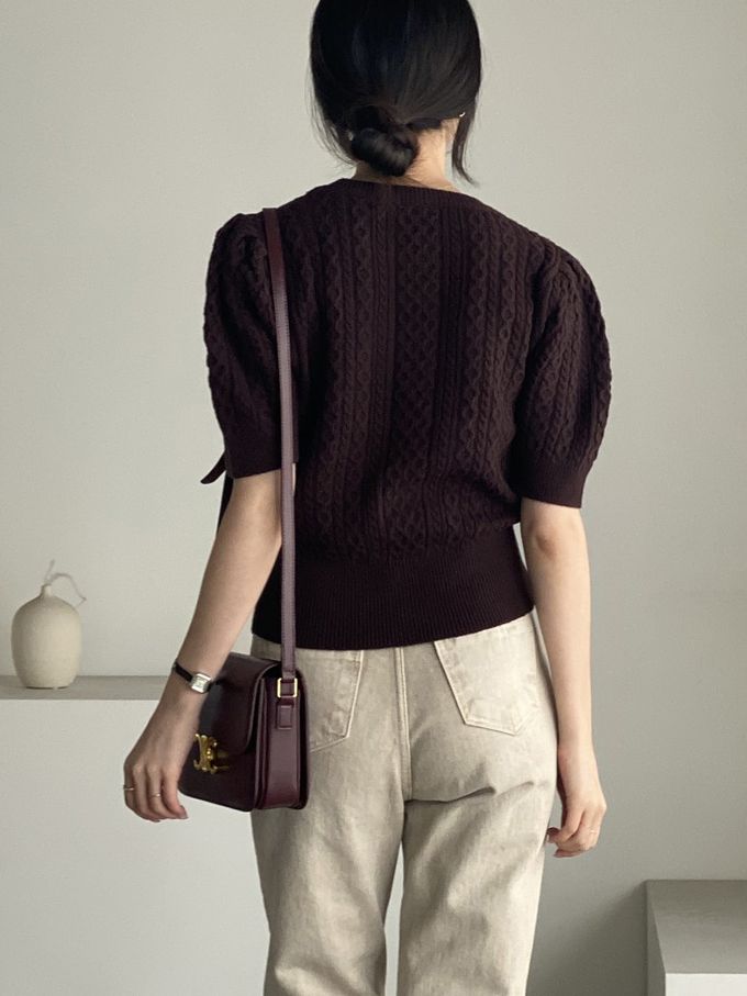 韓國女裝連線 - 麻花辮編織五分袖針織上衣-咖啡紅 (FREE)