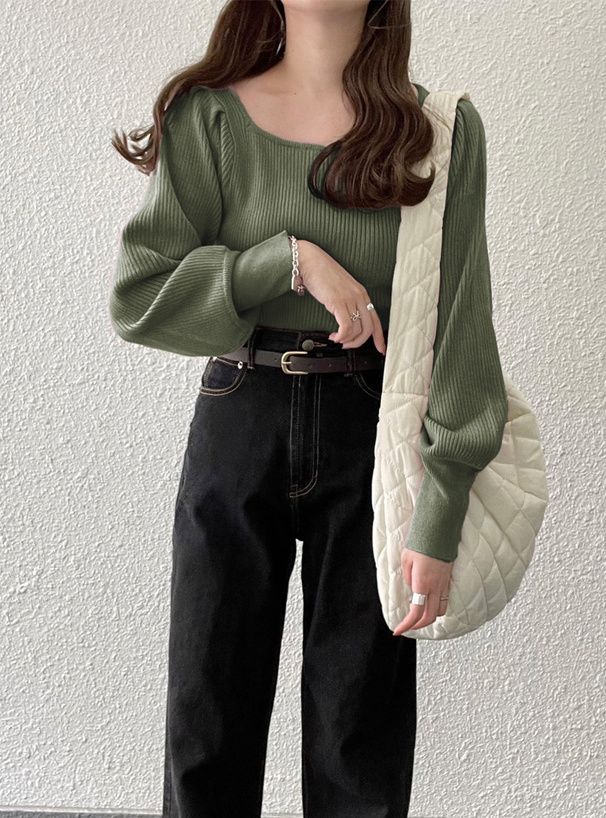 日本 GRL - 百搭方領彈性針織上衣-咖啡