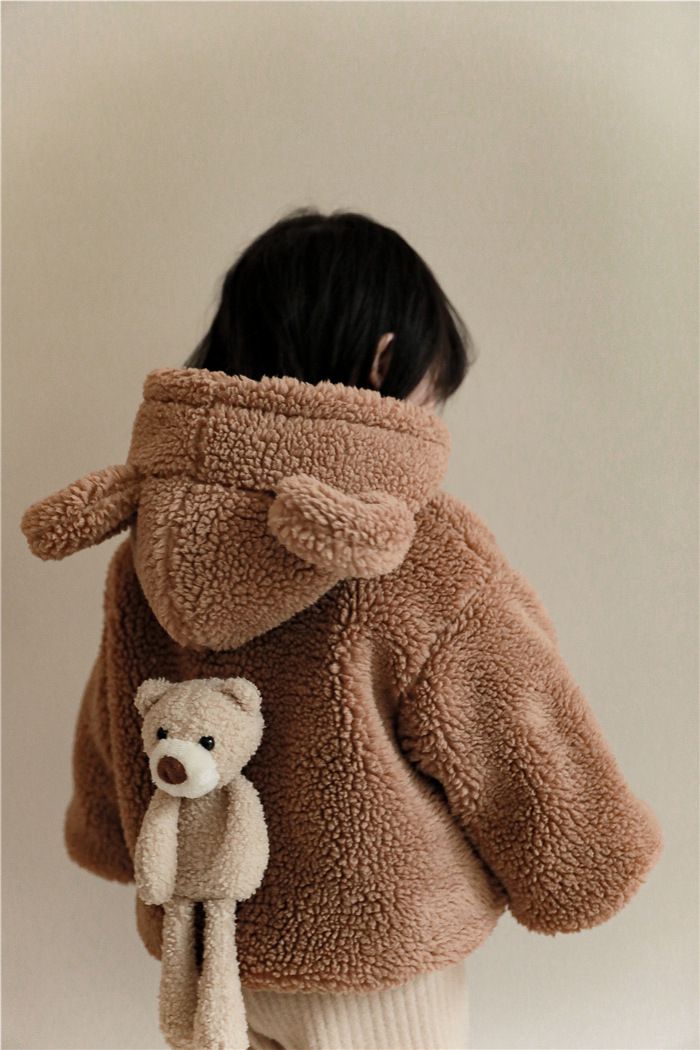 加厚連帽羊羔絨兒童造型外套-熊熊耳朵-米白色