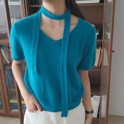 韓國女裝連線 - 繞頸繫帶設計感混羊毛短袖針織衫-土耳其藍 (FREE)