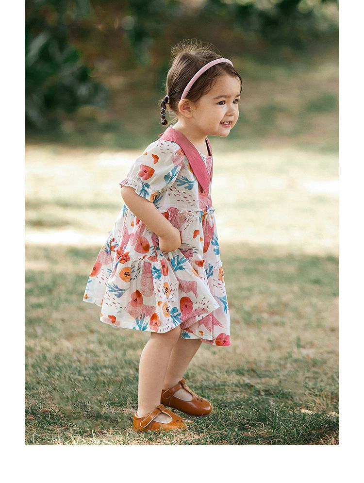 純棉公主袖連身洋裝-繽紛花花-粉+白