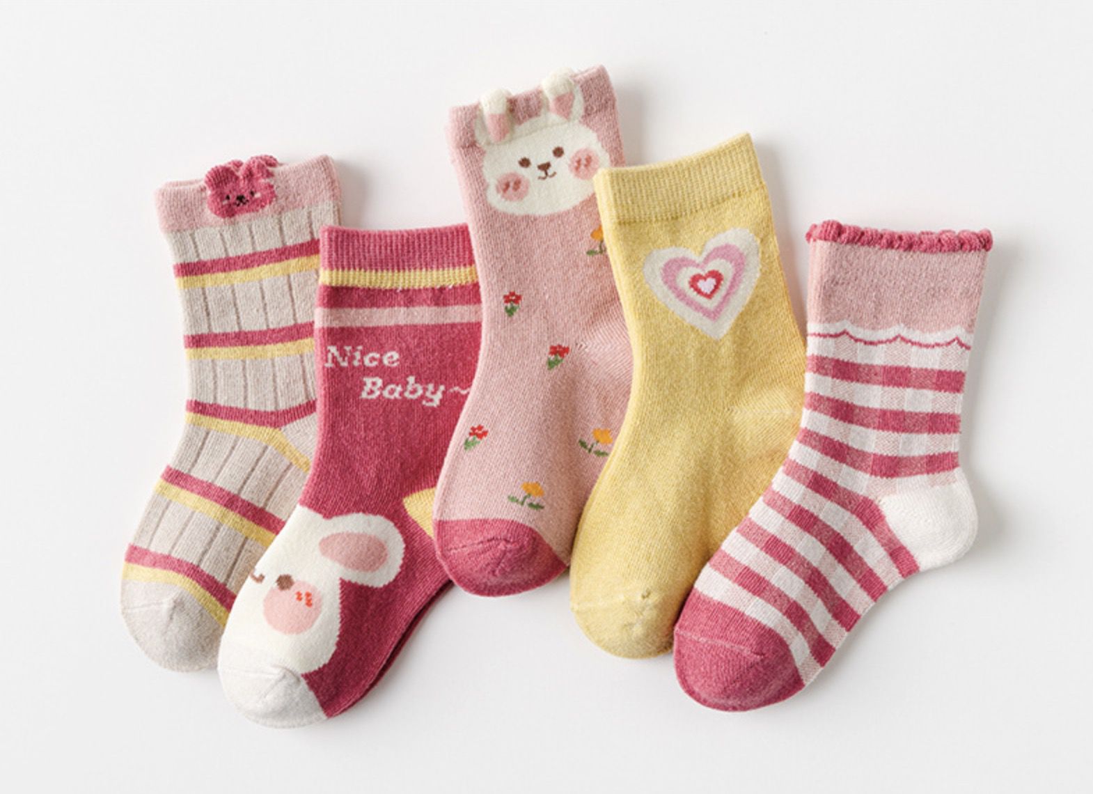 love, charlotte - 粉嫩奶油兔中筒棉襪-5 雙一組