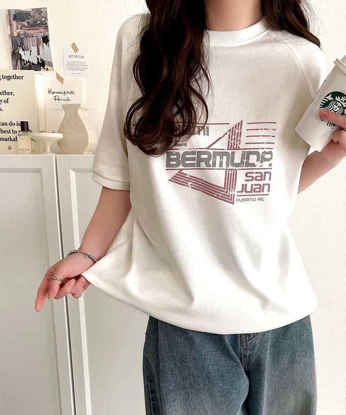 日本 Classical Elf - 前後2way復古標語印花五分袖上衣-白