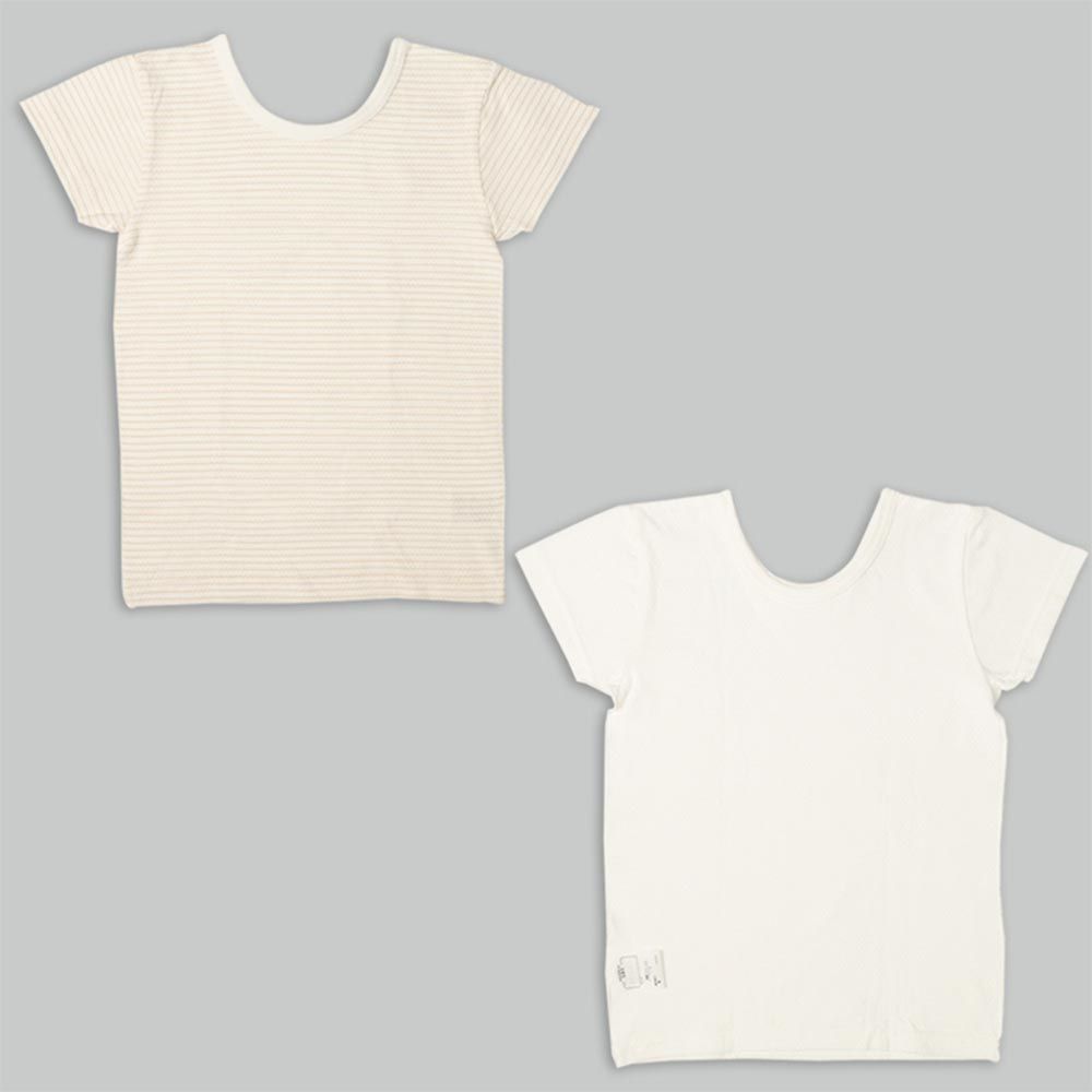 akachan honpo - 短袖圓領上衣2件組-網眼 橫紋-米白色